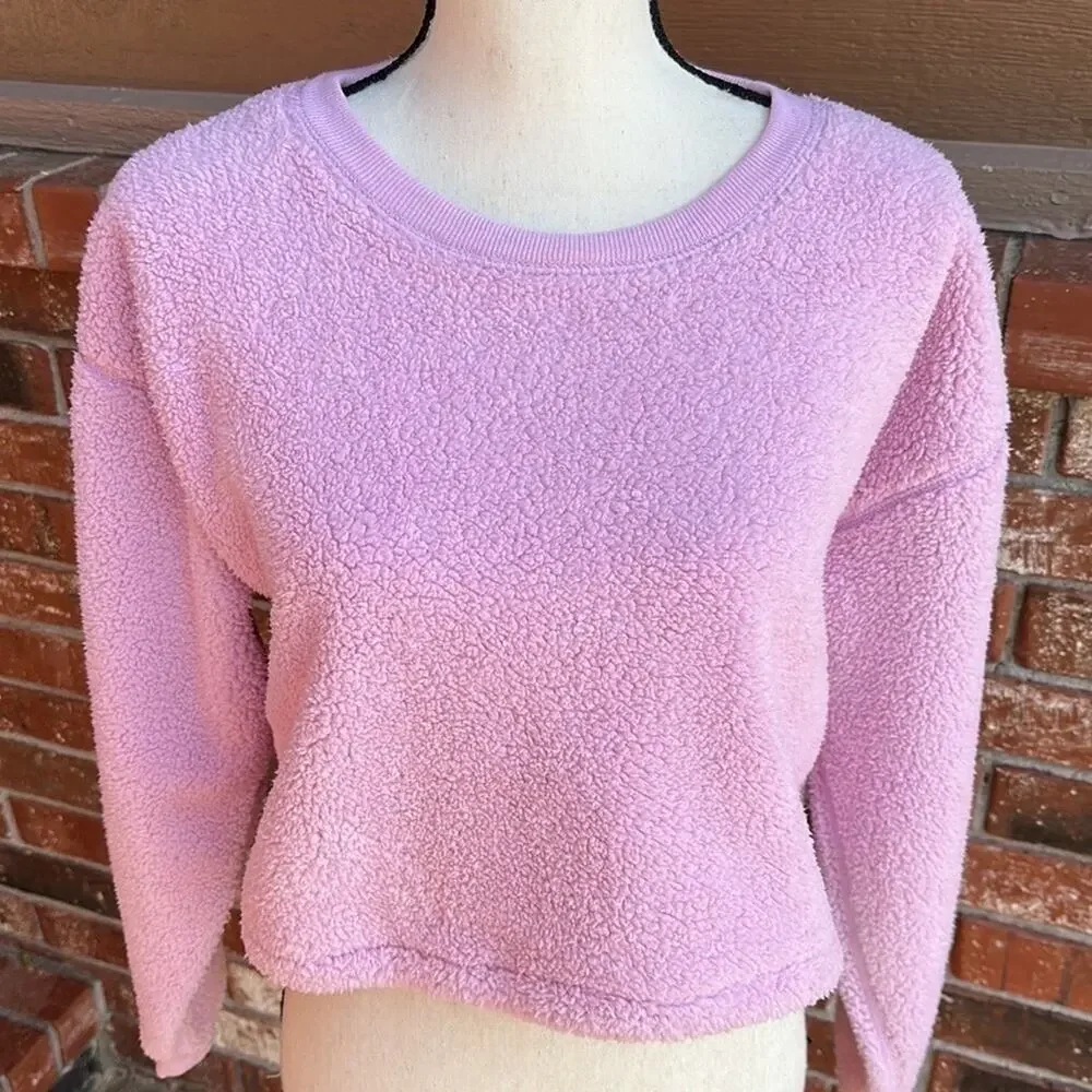 Splendid Sundown Ashley Pullover Cropped Sherpa Sweatshirt Bubble Gum Pink S